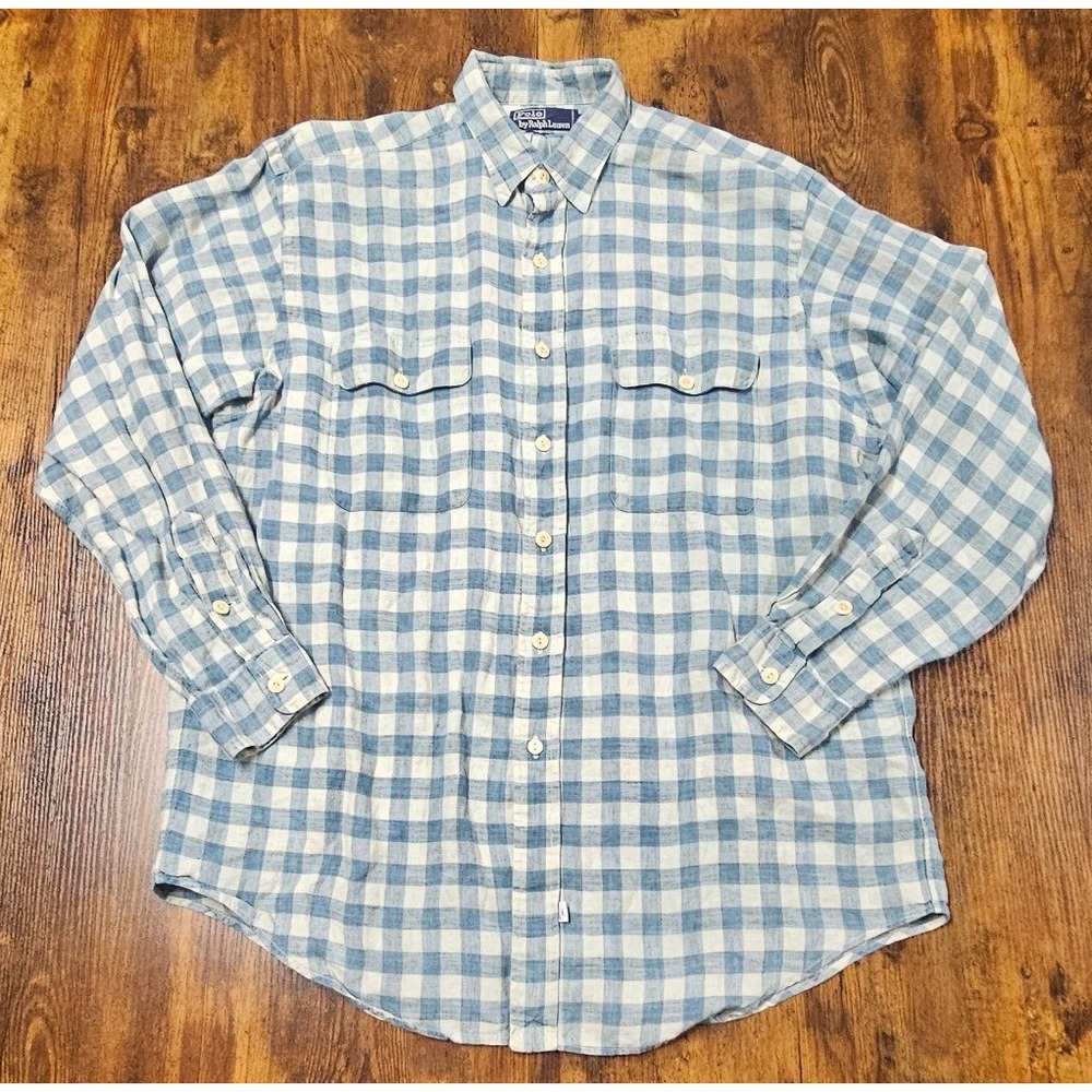 Polo Ralph Lauren Mens Large Blue Gingham 100% Linen Button Down Shirt L/S